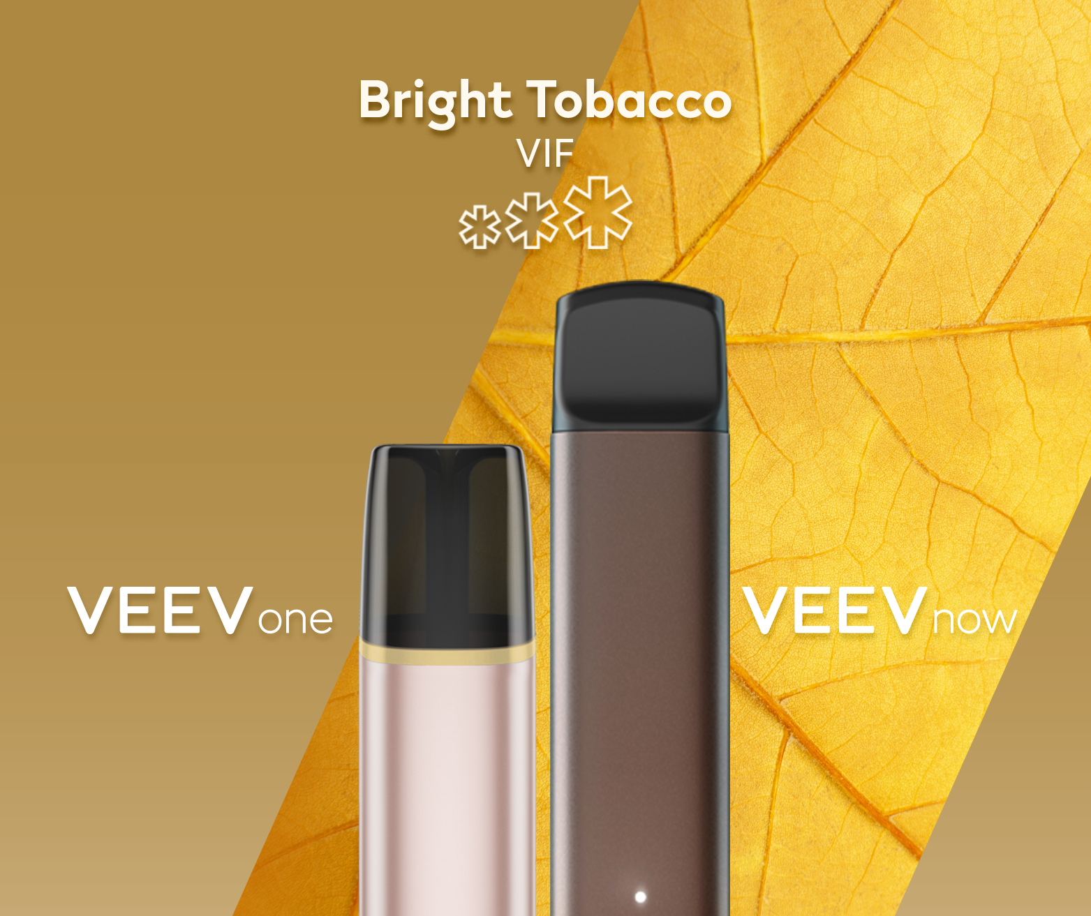 Un appareil à capsule VEEV ONE et un appareil jetable VEEV NOW, tous deux en saveur Bright Tobacco.